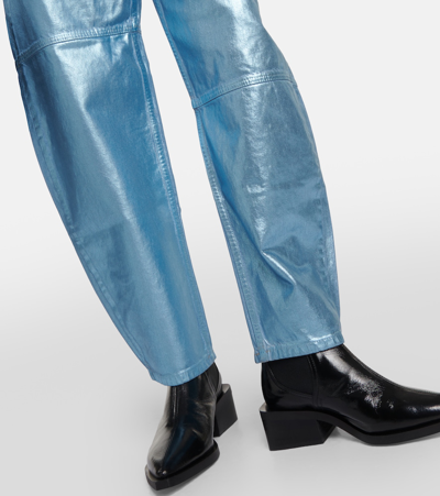 Shop Ganni Metallic High-rise Barrel-leg Jeans In Blue
