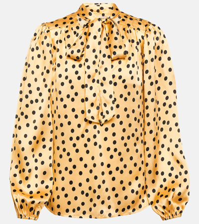 Rixo London Moss Polka-dot Tie-neck Silk Blouse In Yellow