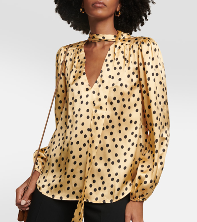 Rixo London Moss Polka-dot Tie-neck Silk Blouse In Yellow