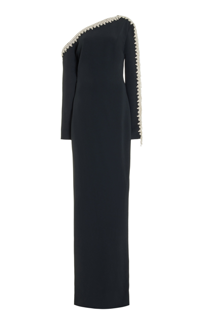 Shop Pamella Roland Pearl Fringed Asymmetric Gown In Black,white