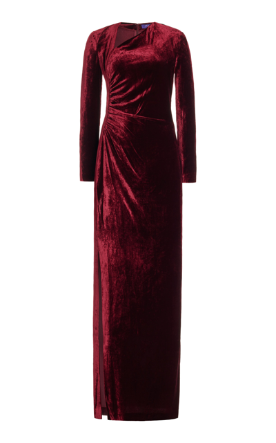 Shop Ralph Lauren Kinslee Asymmetric Ruched Velvet Gown In Red