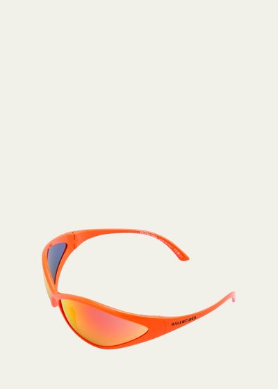 Shop Balenciaga 90s Oval Mirrored Injected Nylon Wrap Sunglasses In Orange