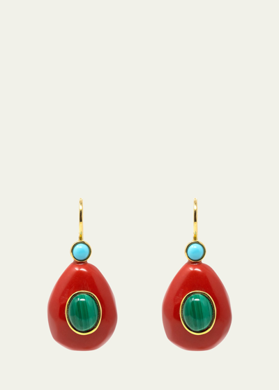 Shop Grazia And Marica Vozza Monachina Big Drop Earrings With Red Resin, Turquoise And Malachite In Multi