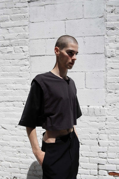 Shop Altu Crop Leather Sleeve T-shirt In Black