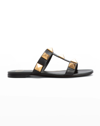 Shop Valentino Roman Stud T-strap Slide Sandals In Nero