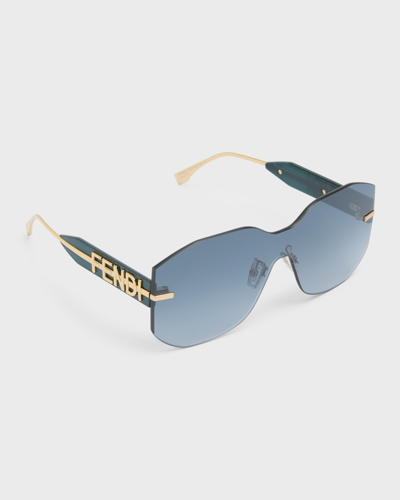 Shop Fendi Graphy Rimless Geometric Nylon & Metal Shield Sunglasses In Srgld/grng