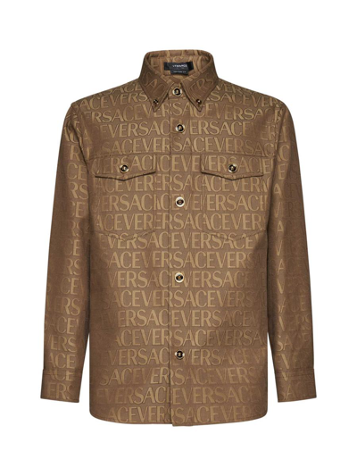 Shop Versace Shirts In Brown+beige