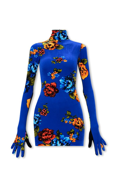 Shop Vetements Floral Printed Turtleneck Gloved Dress In Blue