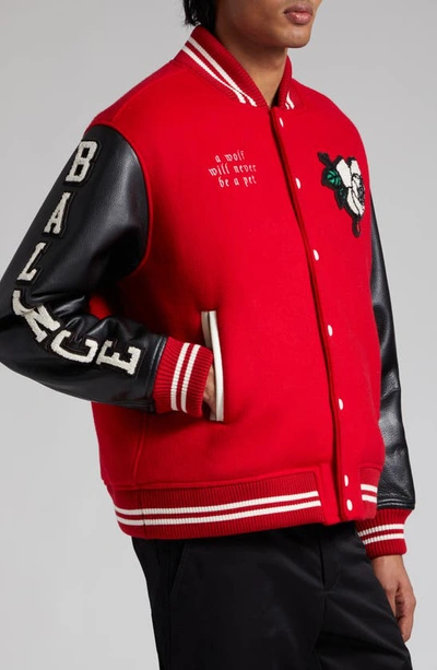 Shop Undercover Balance Wool Blend Varsity Jacket In Red