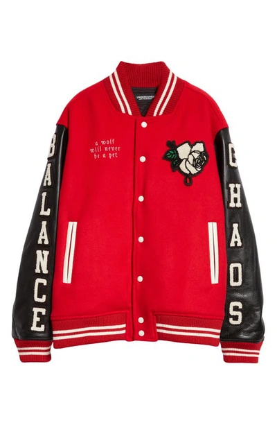 Shop Undercover Balance Wool Blend Varsity Jacket In Red