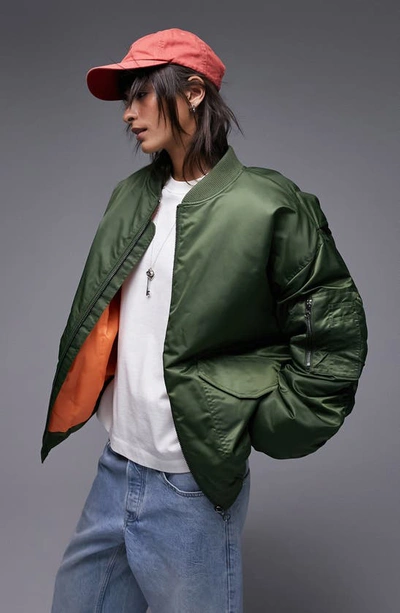 Shop Topshop Oversize Nylon Bomber Jacket In Khaki