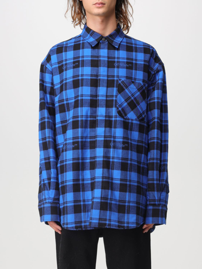 Shop Off-white Overshirt In Checkered Cotton In Blue