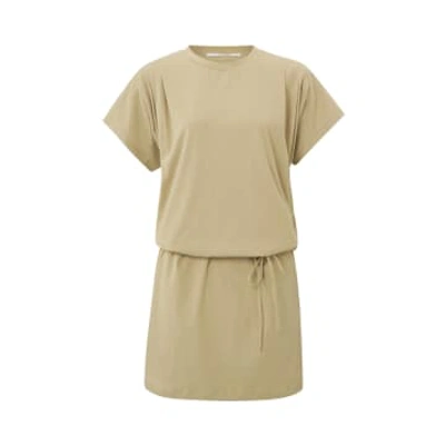Shop Yaya Safari Sand Dress With Round Neck Short Sleeves And Waist Belt In Neutrals