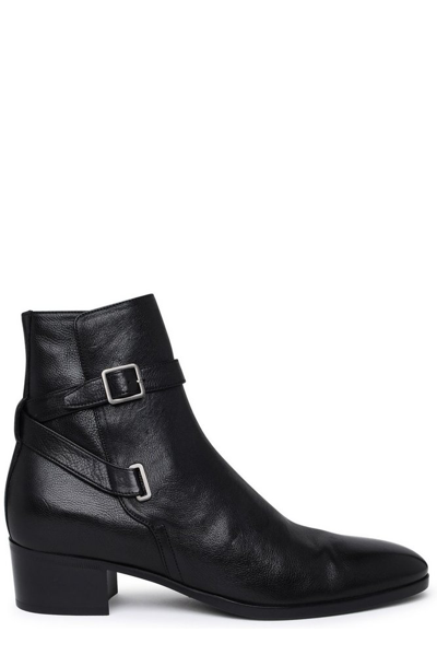Shop Saint Laurent Buckle Detailed Pointed Toe Boots In Black