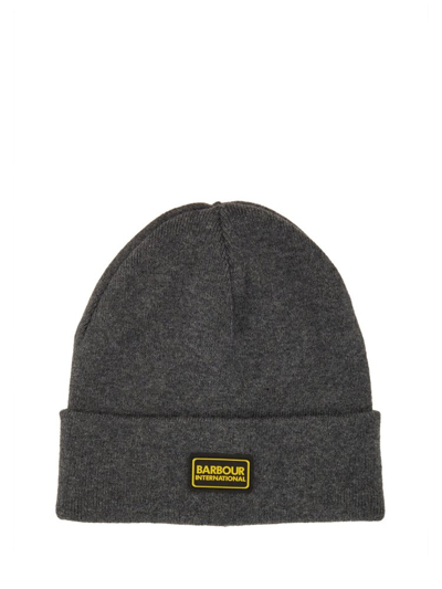 Shop Barbour Logo Patch Ribbed Beanie In Grey