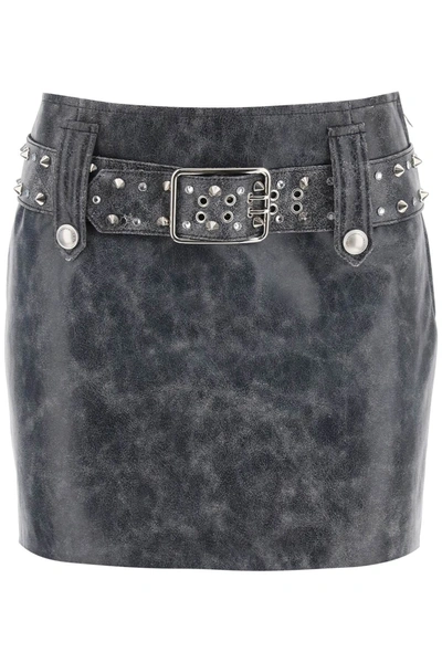 Shop Alessandra Rich Leather Mini Skirt With Belt And Appliques In Grey