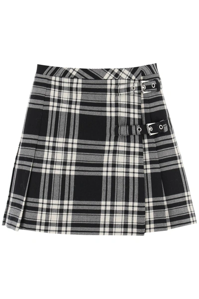 Shop Alessandra Rich Tartan Mini Skirt With Buckles In Grey