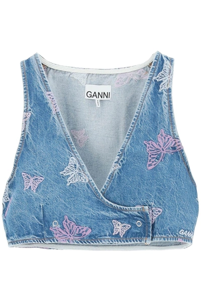 Shop Ganni Butterfly Denim Cropped Top In Blue