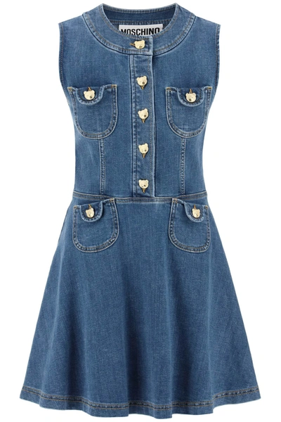 Shop Moschino Denim Mini Dress With Teddy Buttons In Blue