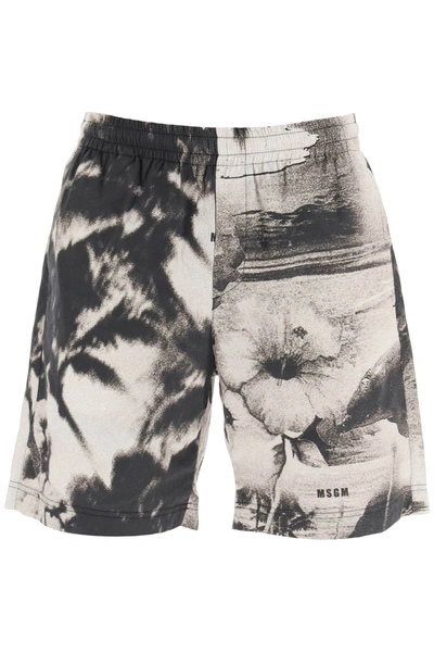 Msgm Bermuda Shorts With Abstract Print And Elastic Waistband In Grey