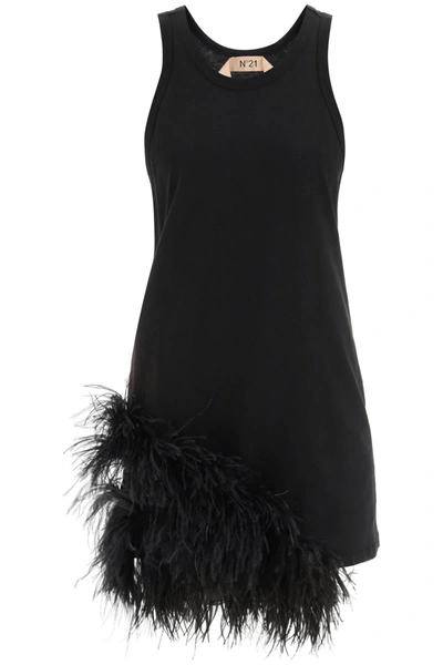 Shop N°21 Jersey Mini Dress With Feathers In Black