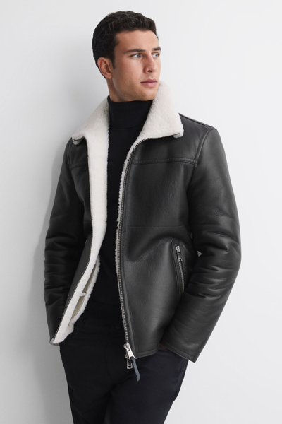 Shop Reiss Brankos - Black Leather Sheepskin Jacket, M