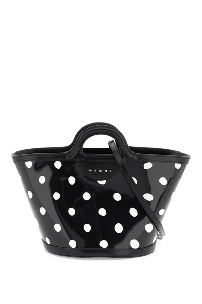 Shop Marni Patent Leather Tropicalia Bucket Bag With Polka-dot Pattern In Black Lily White (black)