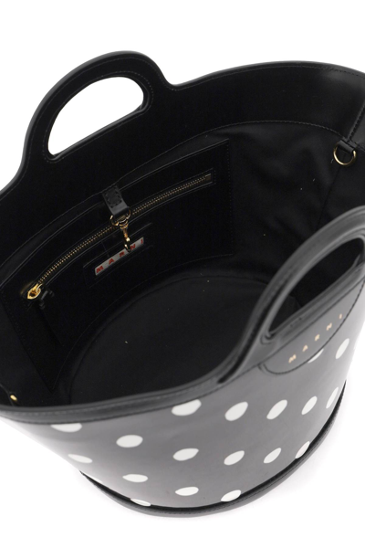 Shop Marni Patent Leather Tropicalia Bucket Bag With Polka-dot Pattern In Black Lily White (black)