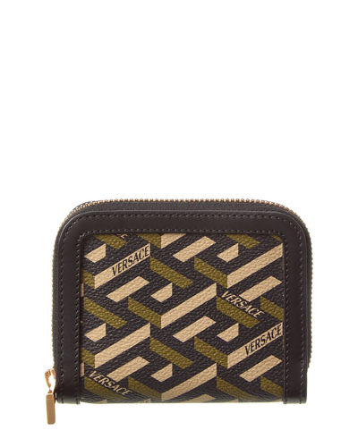 Shop Versace La Greca Coated Canvas & Leather Coin Purse In Green