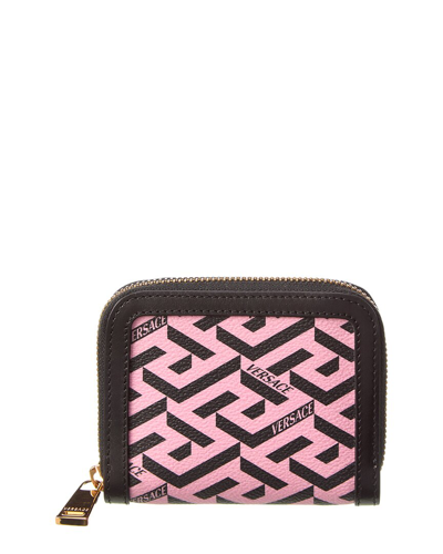 Shop Versace La Greca Coated Canvas & Leather Coin Purse In Pink