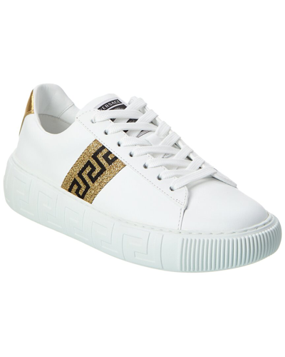 Shop Versace Greca Leather Sneaker In White