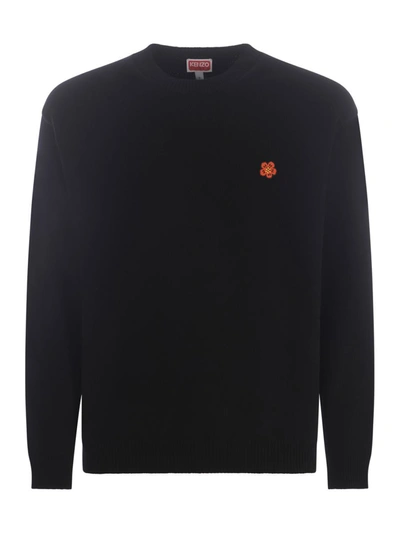 Kenzo Black Knit Jumper With Boke Flower Logo Patch On The Chest In Wool Man In Black