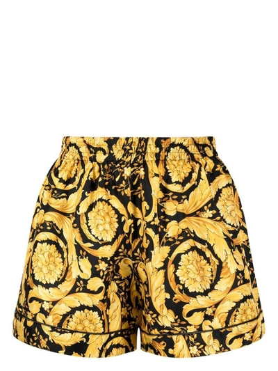 Versace All Over Barocco Print Techno Shorts In Gold Print