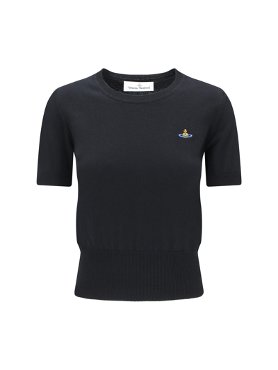 Vivienne Westwood Fitted Short Puff Sleeve Sweater With Embroidered Emblem In Black