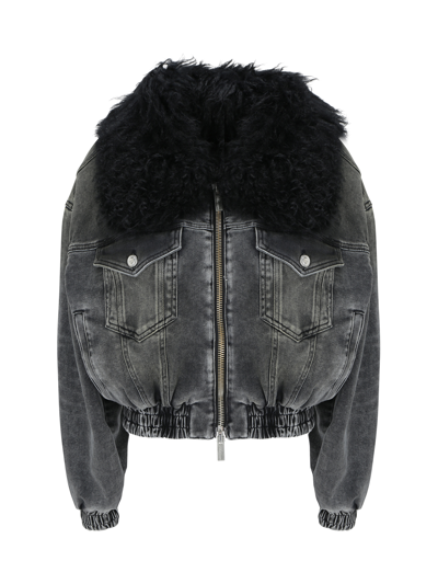 Shop Blumarine Denim Jacket In Dark Shadow/nero