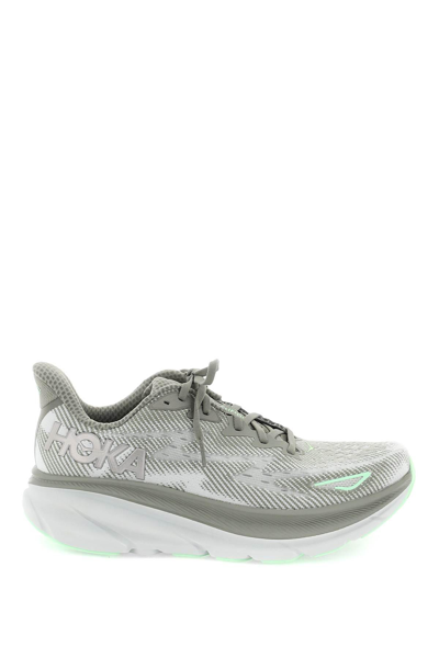 Shop Hoka 'clifton 9' Sneakers In Khaki,grey
