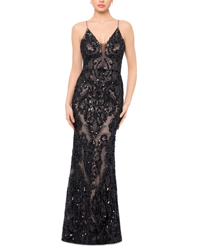 Shop Betsy & Adam Women's Sequined Spaghetti-strap Illusion-neck Gown In Black/nude