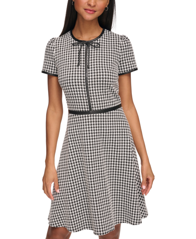 Shop Karl Lagerfeld Women's Houndstooth Puff-sleeve Bow-neck Dress In Black/ Soft White