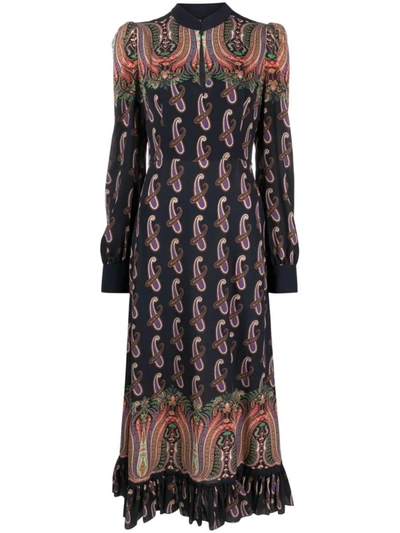 Shop Etro Dress With Paisley Print Ruffles In Blue