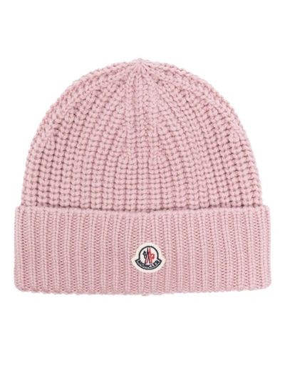 Shop Moncler Wool Beanie With Logo Patch In Pink