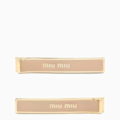Shop Miu Miu Set Of Gold/cypress Hair Clips Women In Pink