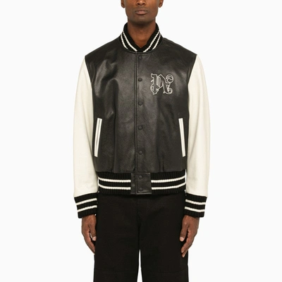 Shop Palm Angels Black/cream Bomber Jacket In Leather Men