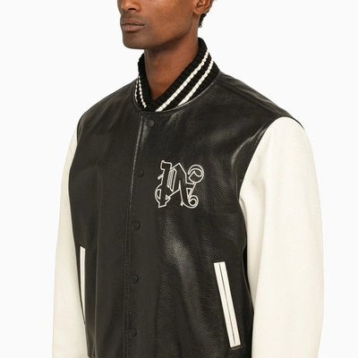 Shop Palm Angels Black/cream Bomber Jacket In Leather Men