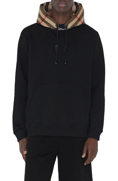 Shop Burberry T-fit Check Cotton Hoodie In Black