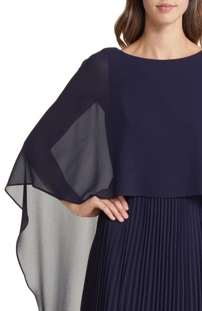 Shop Marina Capelet Overlay Pleated Chiffon Gown In Navy