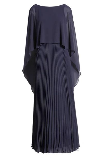 Shop Marina Capelet Overlay Pleated Chiffon Gown In Navy