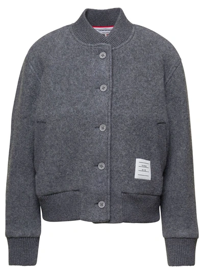 Shop Thom Browne Bomber Jacket W/ Cb Rwb Stripe In Wool Fleece In Grey