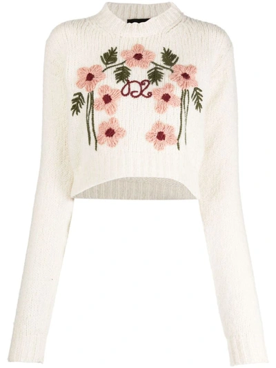 Shop Dsquared2 Floral-embroidered Wool Jumper In Off White