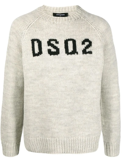Shop Dsquared2 Intarsia-knit Logo Wool Jumper In Natural Grey/black Logo