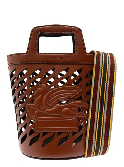 Shop Etro Brown Bucket Bag With Multicolor Shoulder Strap And Pegasus Detail In Perforated Leather Woman